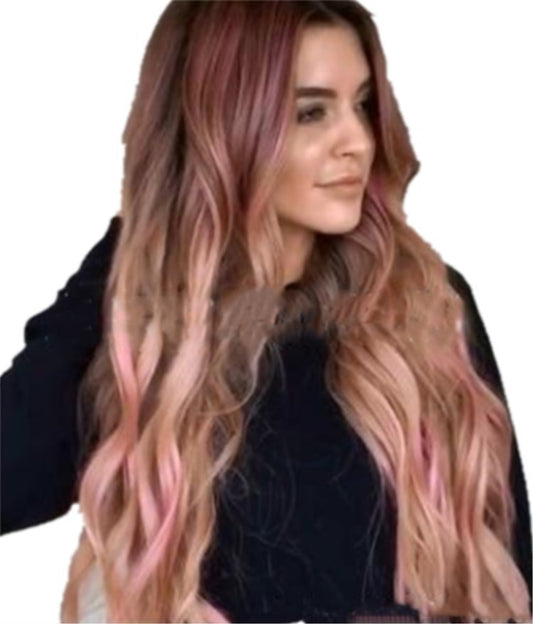 Brown Pink Big Wave Long Curly Wigs